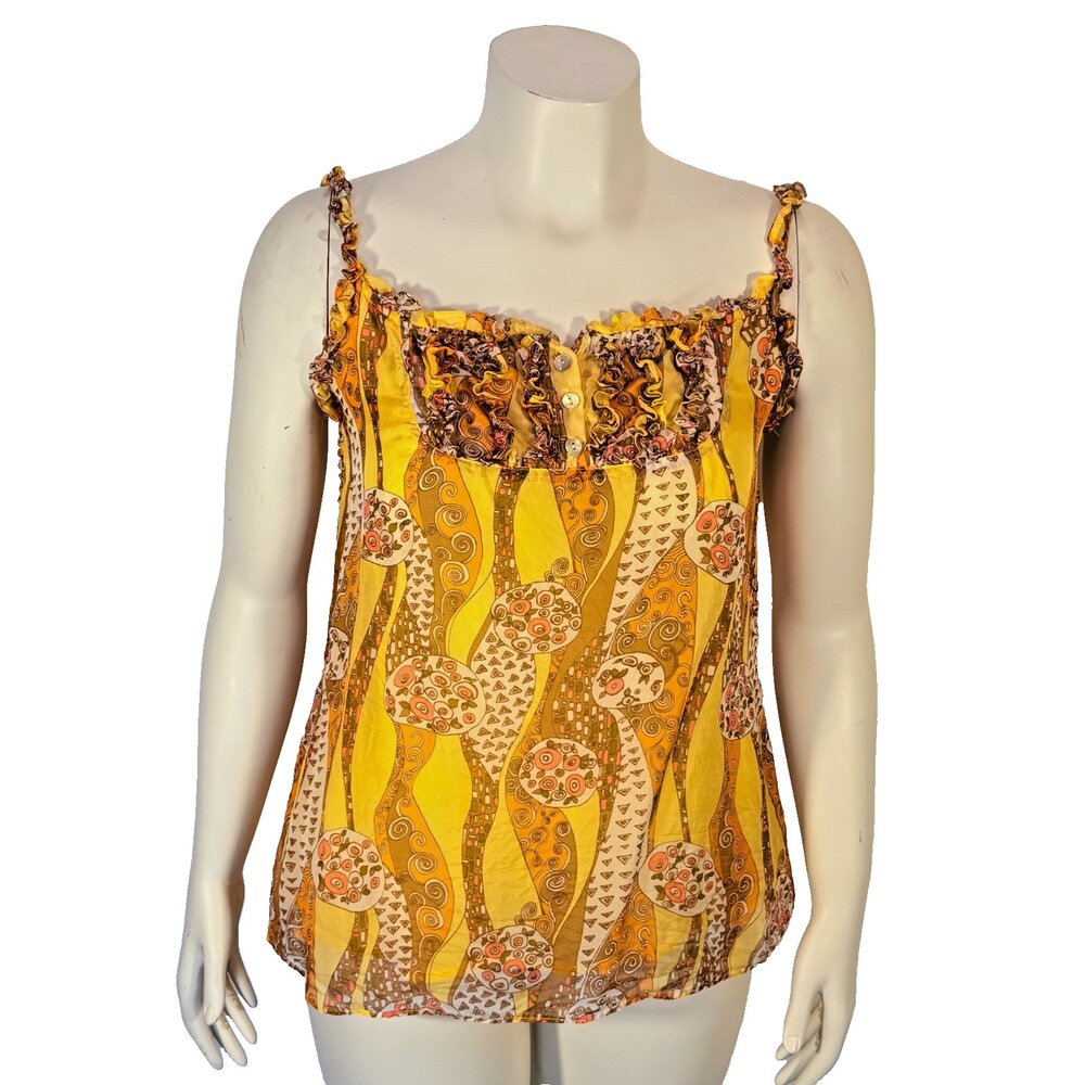 Nick & Mo Tank Top Womens M Silk Yellow Pink Tan Paisley Lined Ruffled Strappy